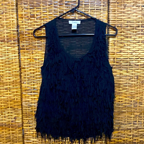 EUC Pinky Black fringe front Sheer back dressy tank top S - Picture 1 of 4